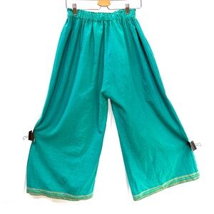 Indian Cotton or Cotton-Linen Wide-Leg Teal Pants with Gold Trim